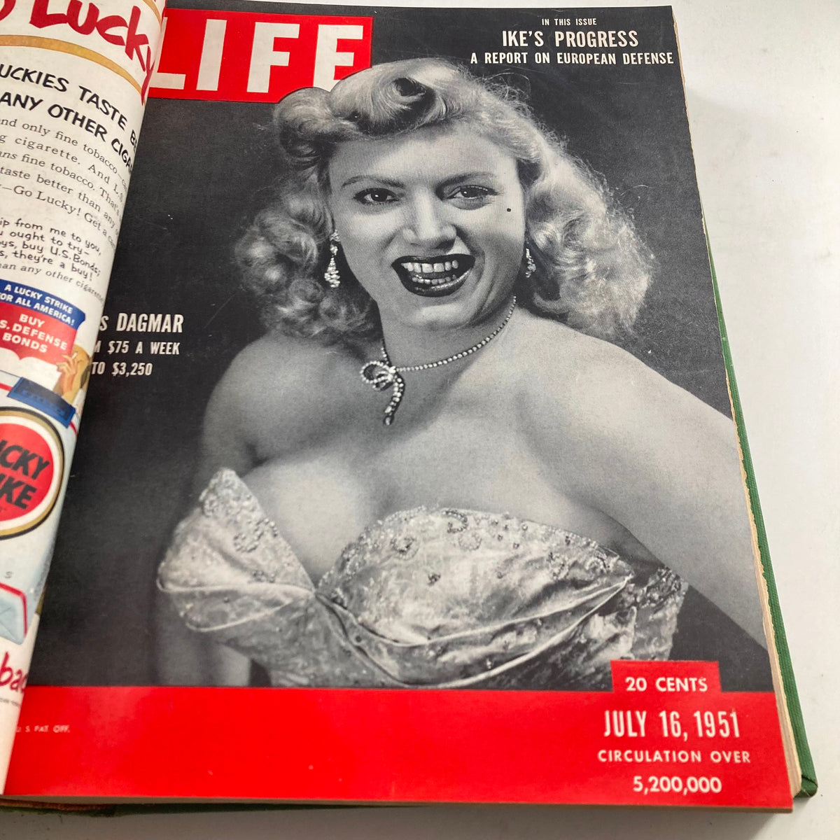 VTG 1951 Bound Life Magazine Cover featuring Dagmar, July 16, 1951 issue, showcasing the beauty and culture of mid-20th century America.