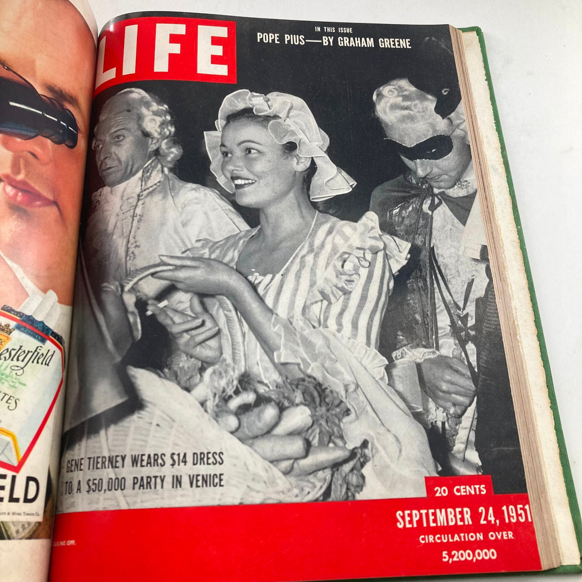 Cover of VTG 1951 Bound Life Magazine featuring Gene Tierney in a $14 dress, capturing a vibrant party scene in Venice, published September 24, 1951.