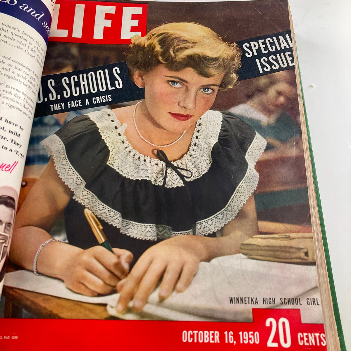 Cover of the VTG 1950 Bound Life Magazine featuring a Winnetka High School girl, published on October 16, showcasing a special issue on U.S. schools.