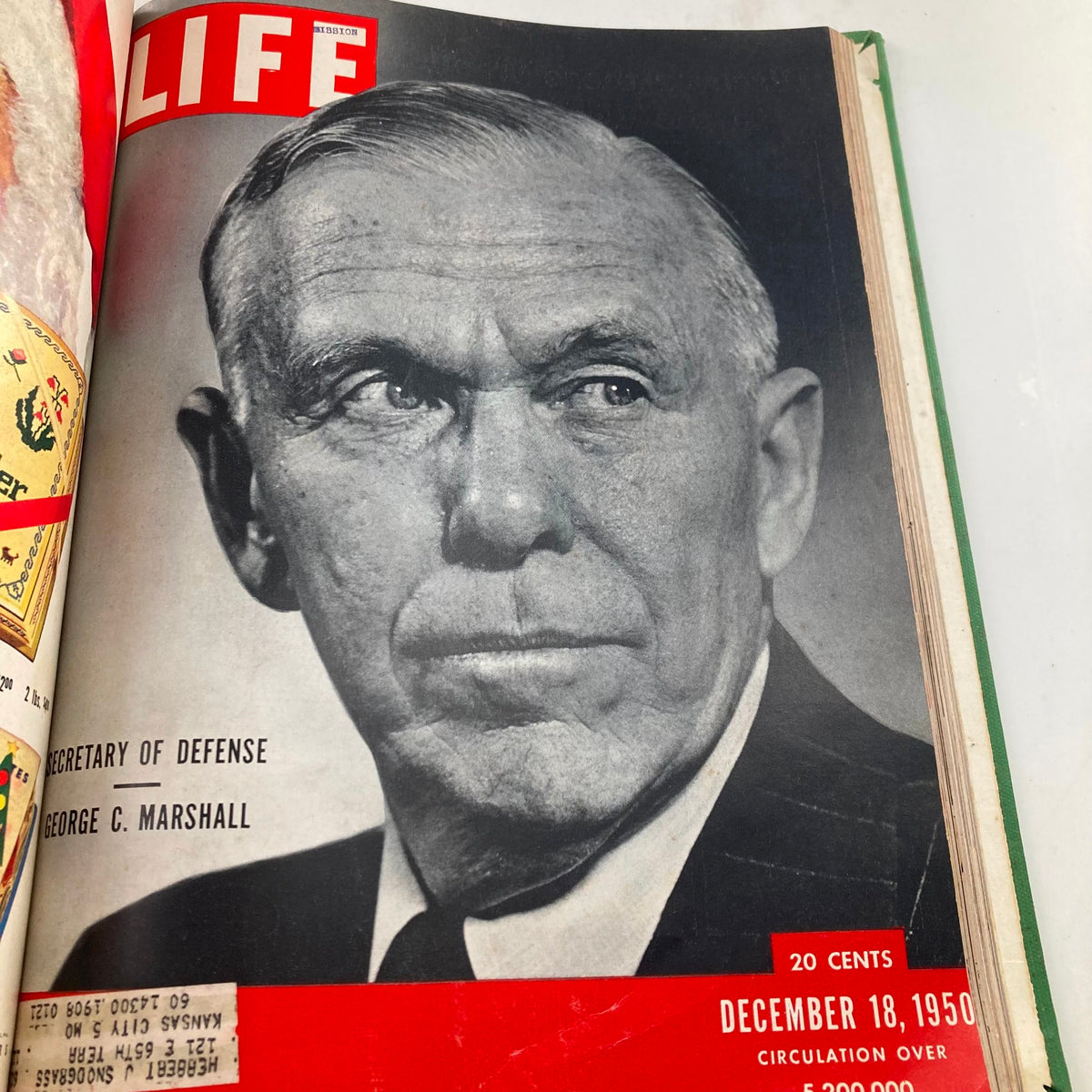 VTG 1950 Bound Life Magazine cover depicting George C. Marshall, Secretary of Defense, from December 18, 1950, serving as a historical narrative of American leadership.