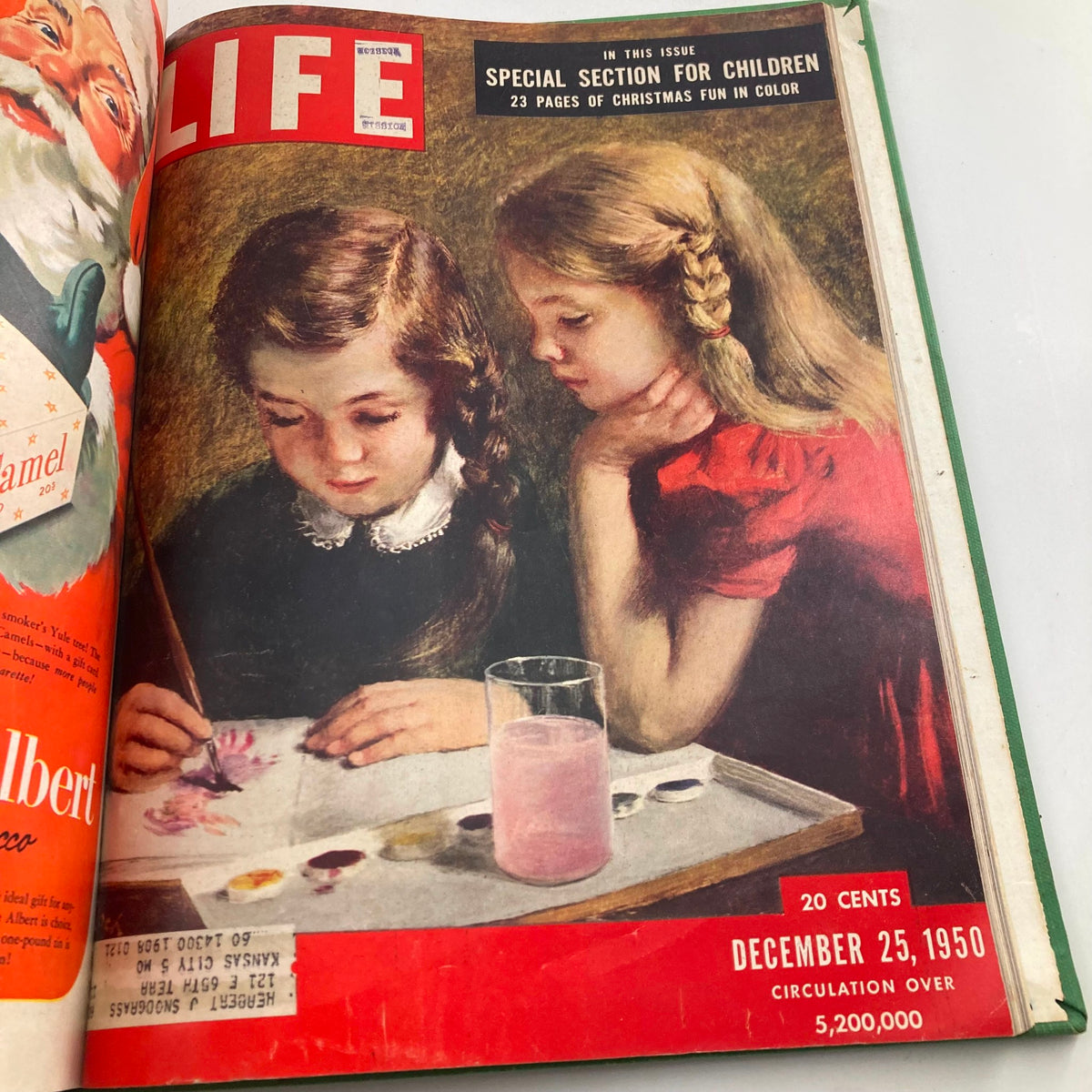 VTG 1950 Bound Life Magazine cover featuring two young girls engaged in painting, from December 25, 1950, capturing the essence of childhood and holiday spirit in mid-century America.