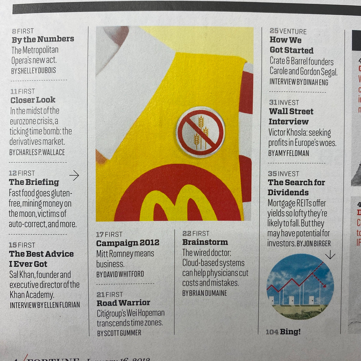 Interior layout of Fortune Magazine January 16, 2012, displaying articles and sections including 'By the Numbers' and 'Campaign 2012' relevant to the cultural landscape of the early 2010s.