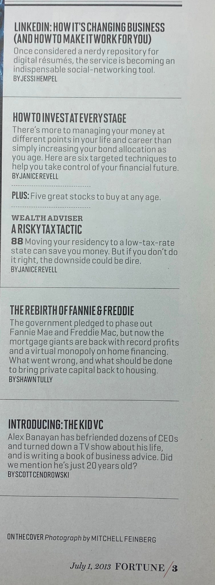 Interior page of Fortune Magazine July 1, 2013, discussing LinkedIn's impact on business, personal finance advice, and articles including investment strategies and tax tactics.