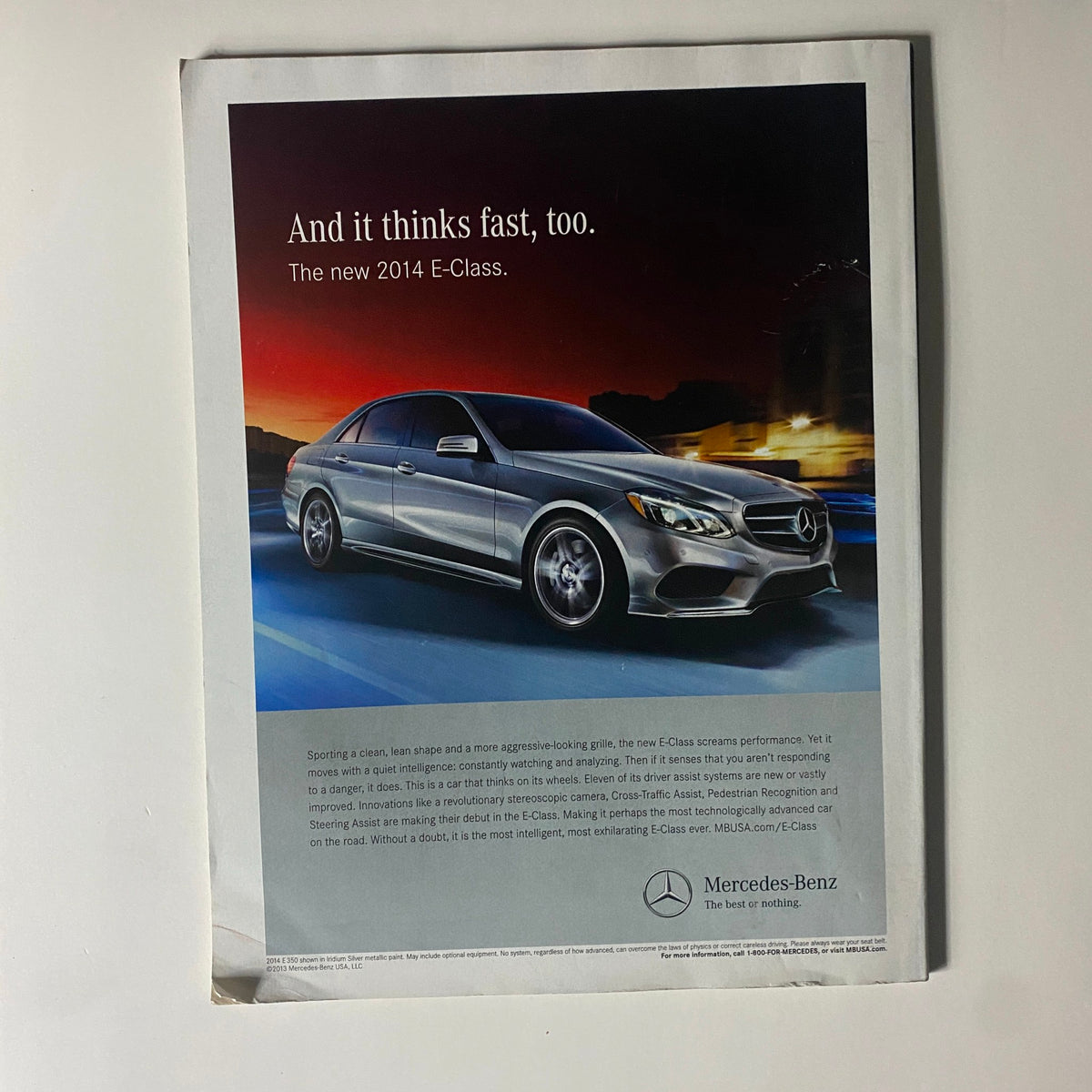 Vintage advertisement for the 2014 Mercedes E-Class car, featuring a sleek silver vehicle in motion, accompanying the title from Fortune Magazine July 1, 2013, Everything You Need To Know About LinkedIn.