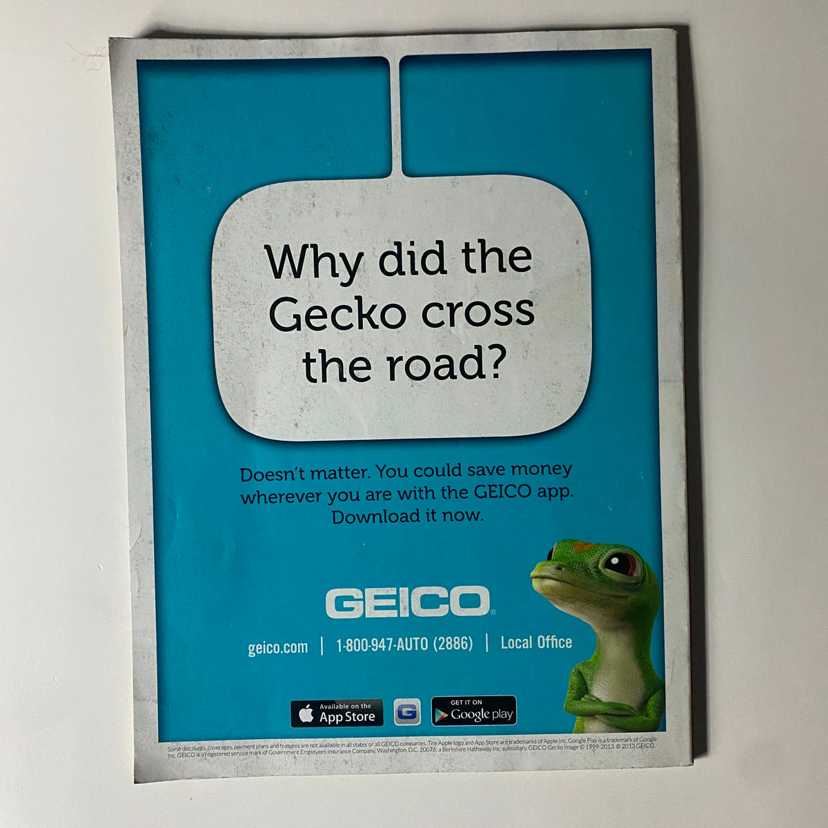 Advertisement page from Fortune Magazine August 12, 2013 featuring Geico's gecko with a humorous slogan, promoting their services.
