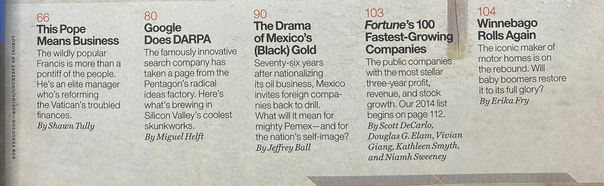 Fortune Magazine September 1, 2014 cover featuring articles including 'This Pope Means Business', 'Google Does DARPA', and 'The Drama of Mexico's (Black) Gold', highlighting Pope Francis as a reformative leader.