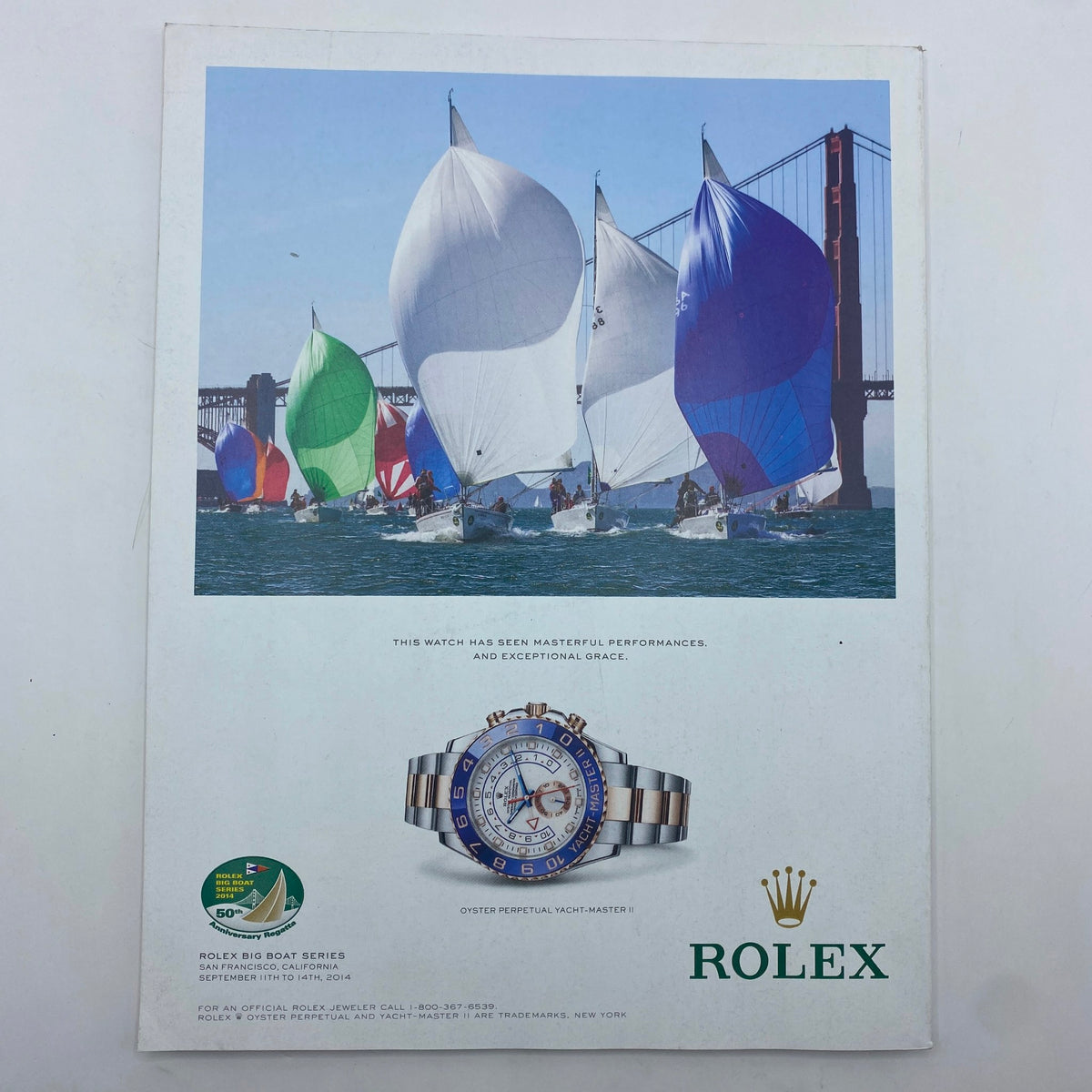 Fortune Magazine September 1, 2014 advertisement for Rolex showcasing sailboats with bold, colorful sails, emphasizing luxury and performance in luxury timepieces.