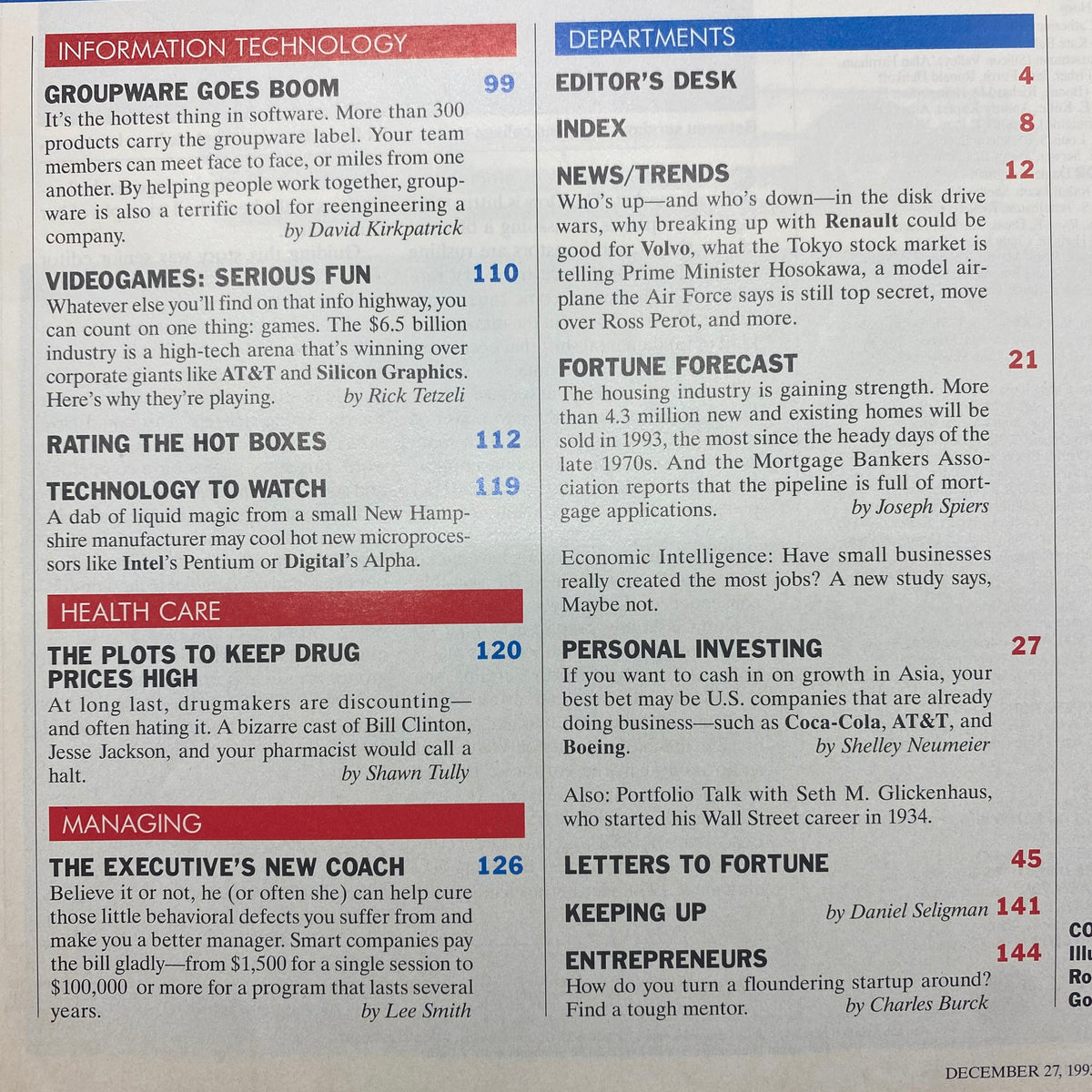 Contents page of the Fortune Magazine December 27, 1993 issue, detailing various articles including "Groupware Goes Boom" and "Videogames: Serious Fun". Highlights the topics covered in the issue.