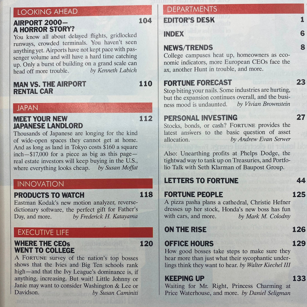 Contents page of Fortune Magazine from June 18, 1990, detailing articles including 'Looking Ahead' and 'Personal Investing' reflecting the economic climate.