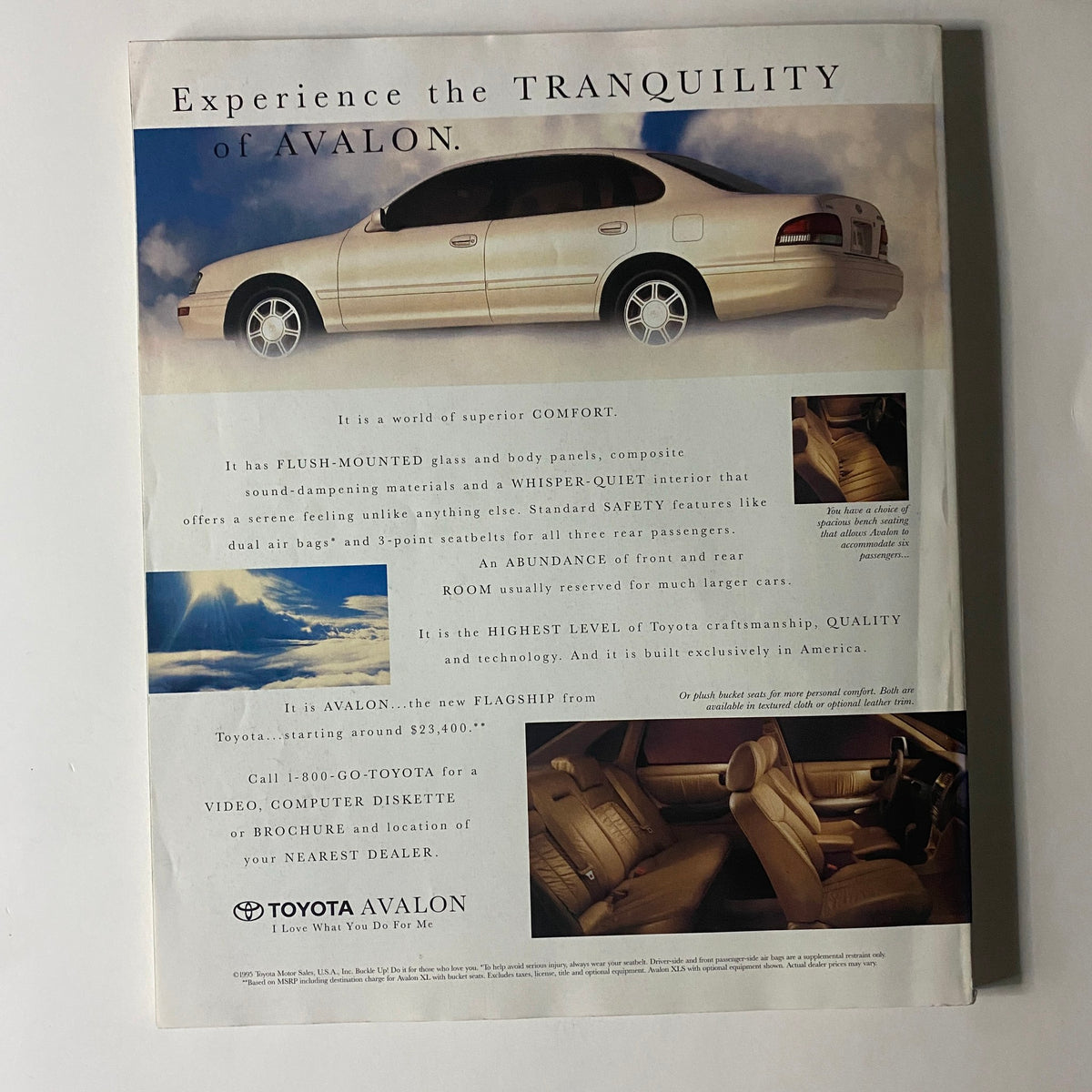 Advertisement for the Toyota Avalon in Fortune Magazine August 7, 1995, showcasing its features such as comfort and safety, emphasizing its luxury and technology.