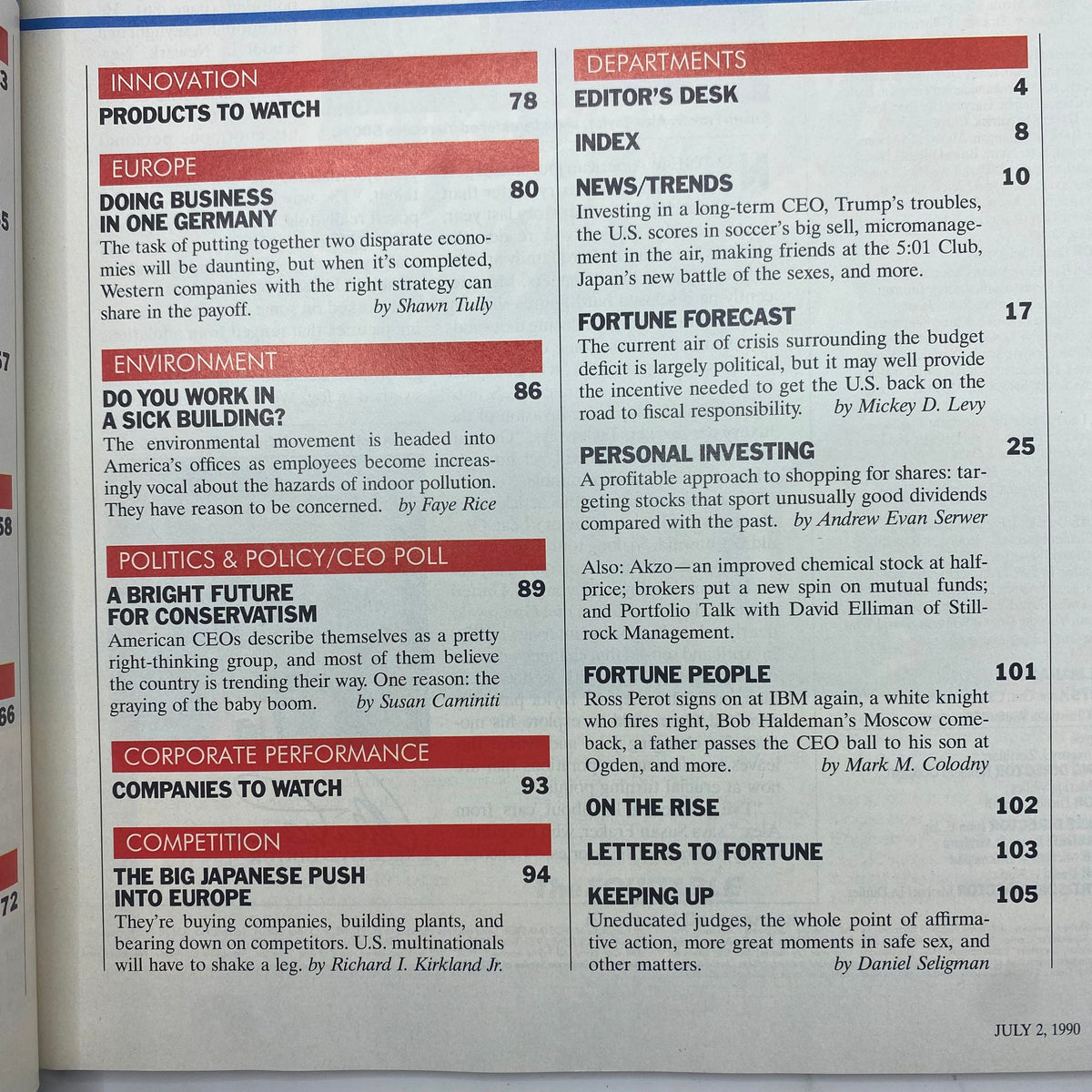 Table of contents page from Fortune Magazine, July 2, 1990, highlighting articles including 'Do You Work in a Sick Building?' and business strategies in a post-reunification Europe.