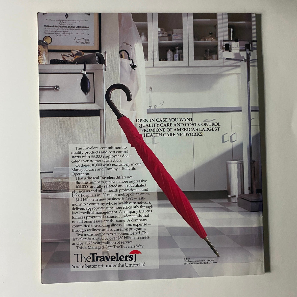 Vintage Fortune Magazine advertisement featuring a red umbrella in a medical setting. The ad promotes Travelers Insurance, emphasizing quality care and cost control in healthcare services. Related to the July 13, 1992 issue featuring Michael Konyk and 'The Upbeat Generation'.