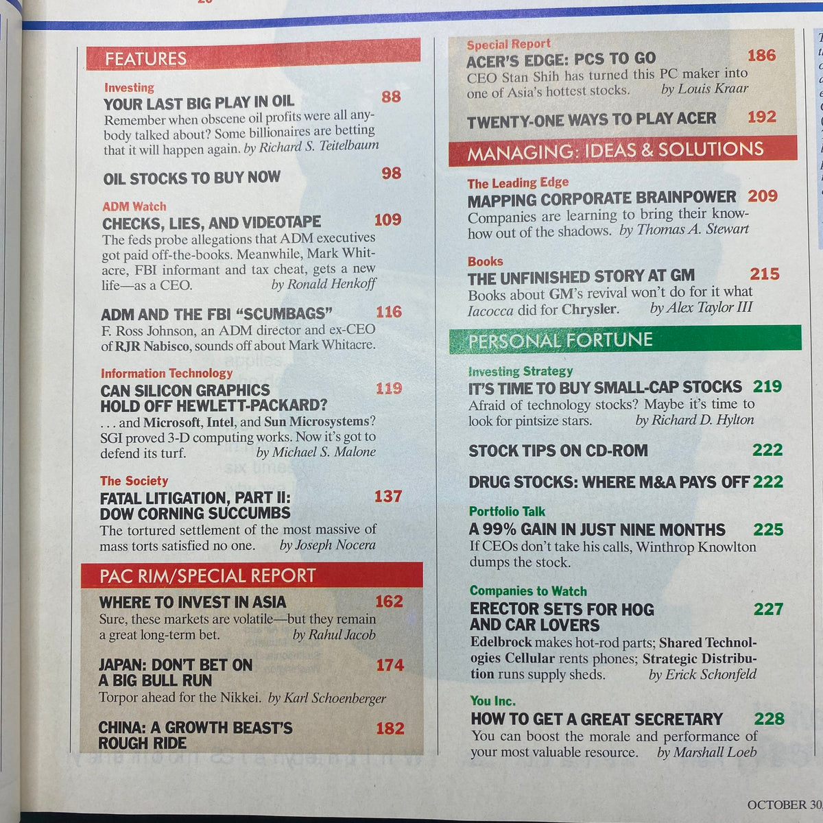 Table of contents page from Fortune Magazine October 30, 1995, highlighting features such as 'Your Last Big Play in Oil' and articles related to finance, technology, and personal fortune.
