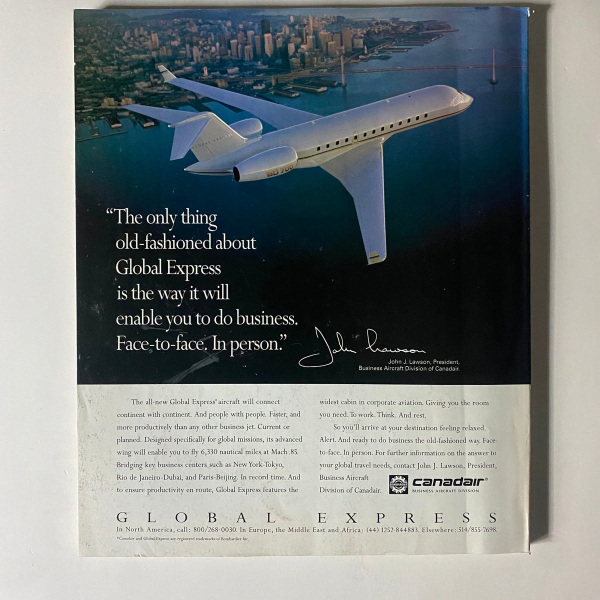 Back cover advertisement of the Fortune Magazine October 30, 1995 issue promoting Global Express business aircraft, featuring an image of a jet flying over a city skyline.