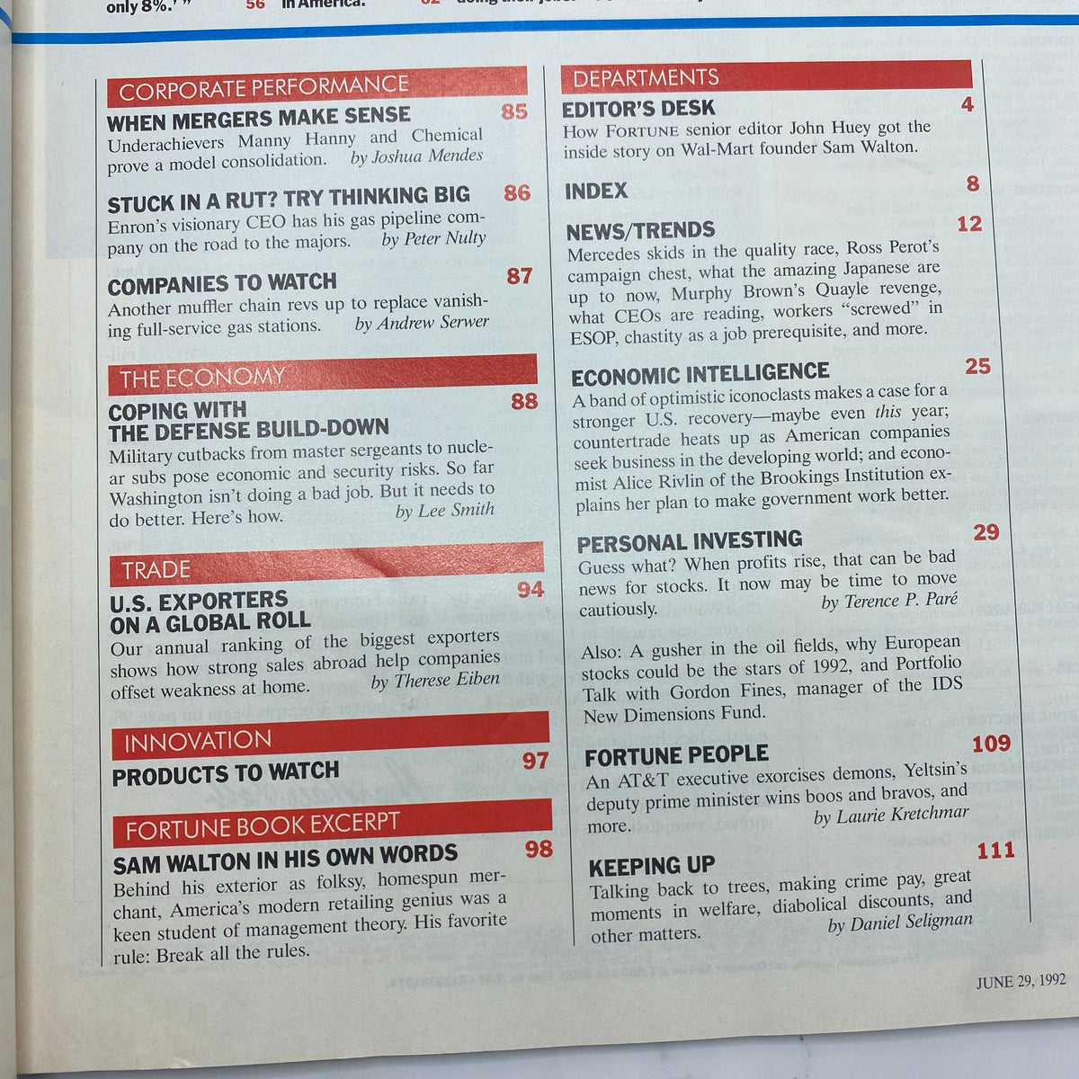 Table of contents from Fortune Magazine June 29, 1992, outlining key articles on corporate performance, the economy, trade, and personal investing trends relevant to that era.