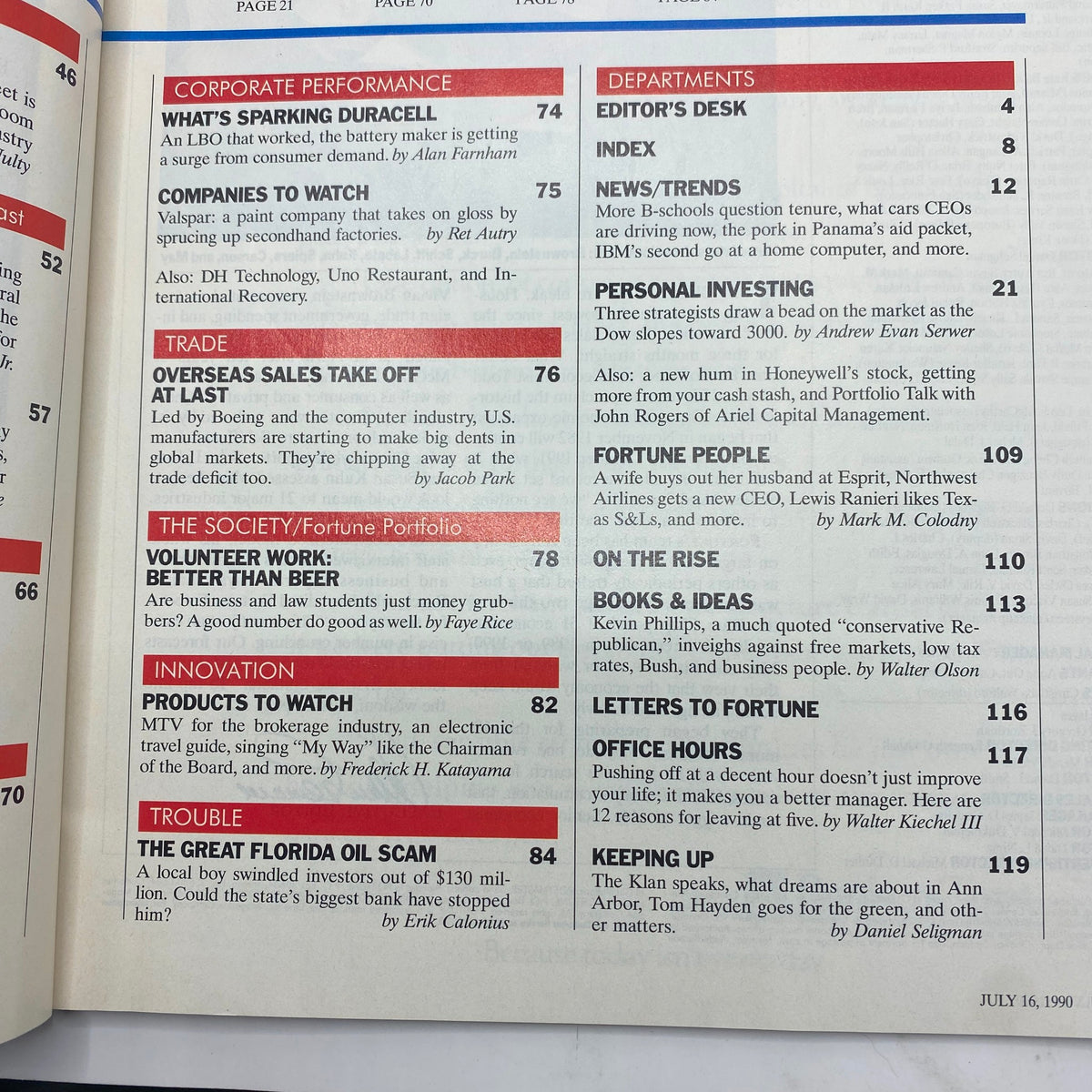 Interior page of Fortune Magazine July 16, 1990, showcasing articles such as 'What's Sparking Duracell' and 'Companies to Watch', featuring topics on corporate performance and trade.