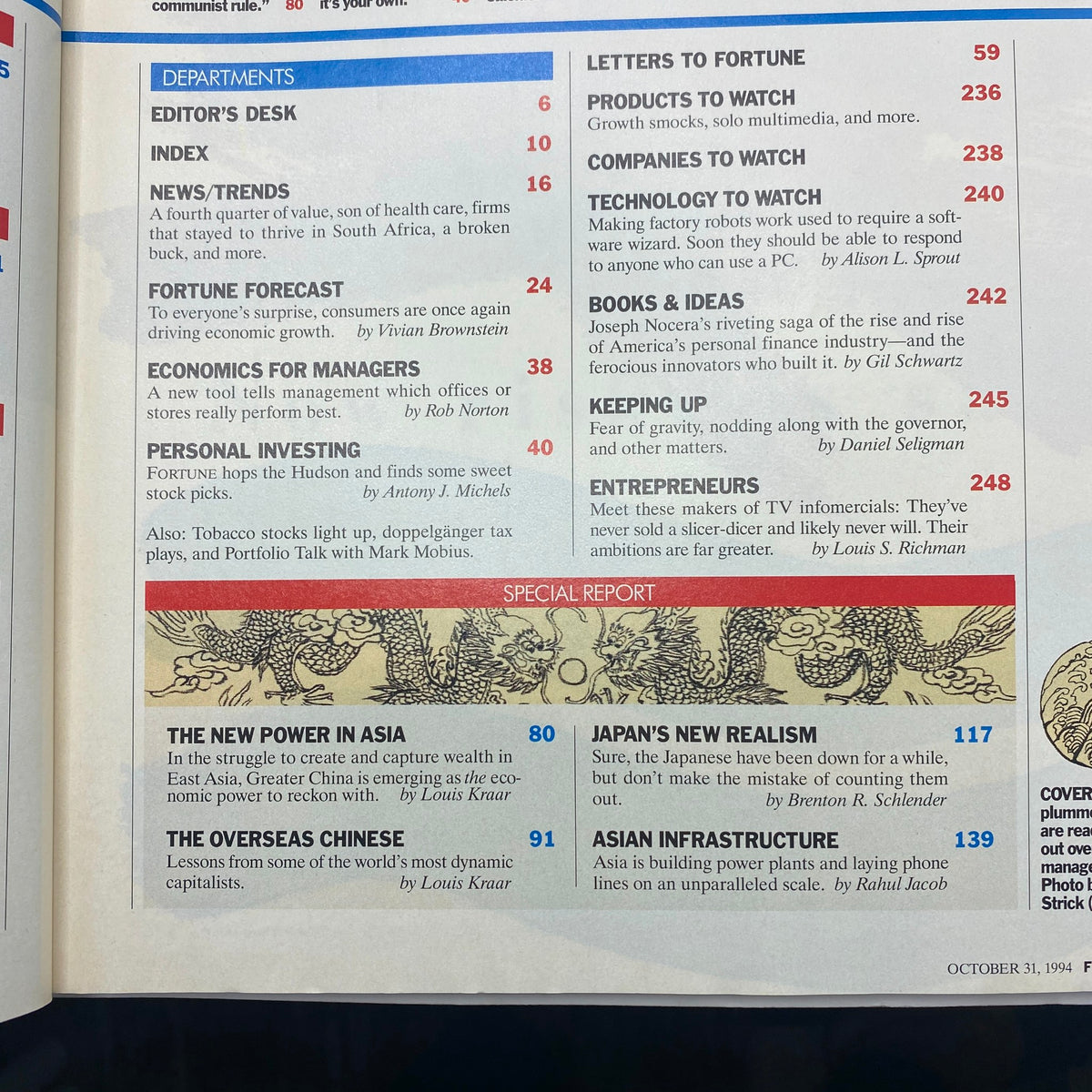 Table of contents from Fortune Magazine October 31, 1994, detailing articles on economic trends, personal investing, and special reports regarding East Asia.