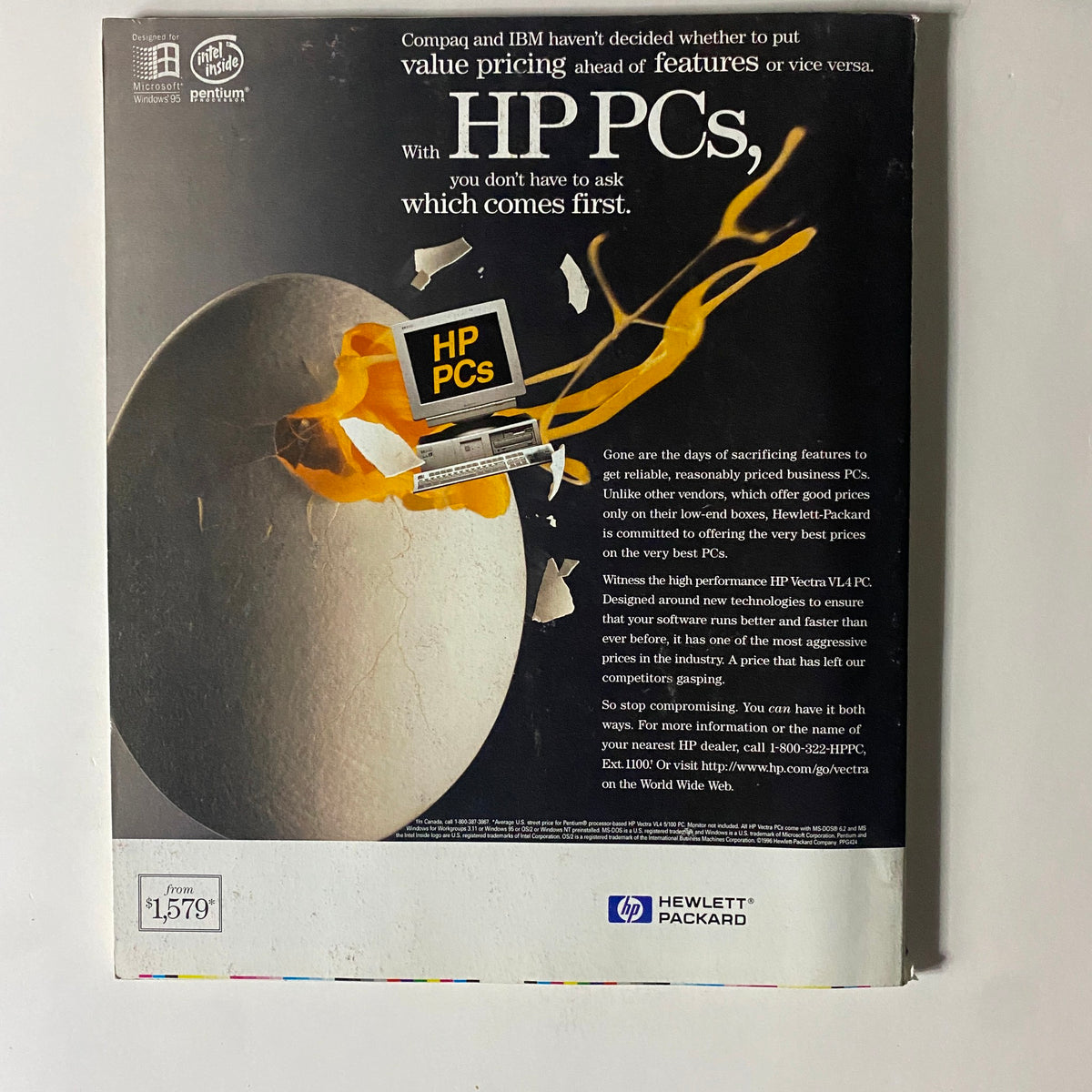 Vintage advertisement from Fortune Magazine July 8, 1996 featuring HP PCs by Hewlett-Packard. The ad emphasizes features and pricing advantages of HP computers, illustrating a broken egg with a computer image, showcasing the message about reliability and competitiveness in the PC market.