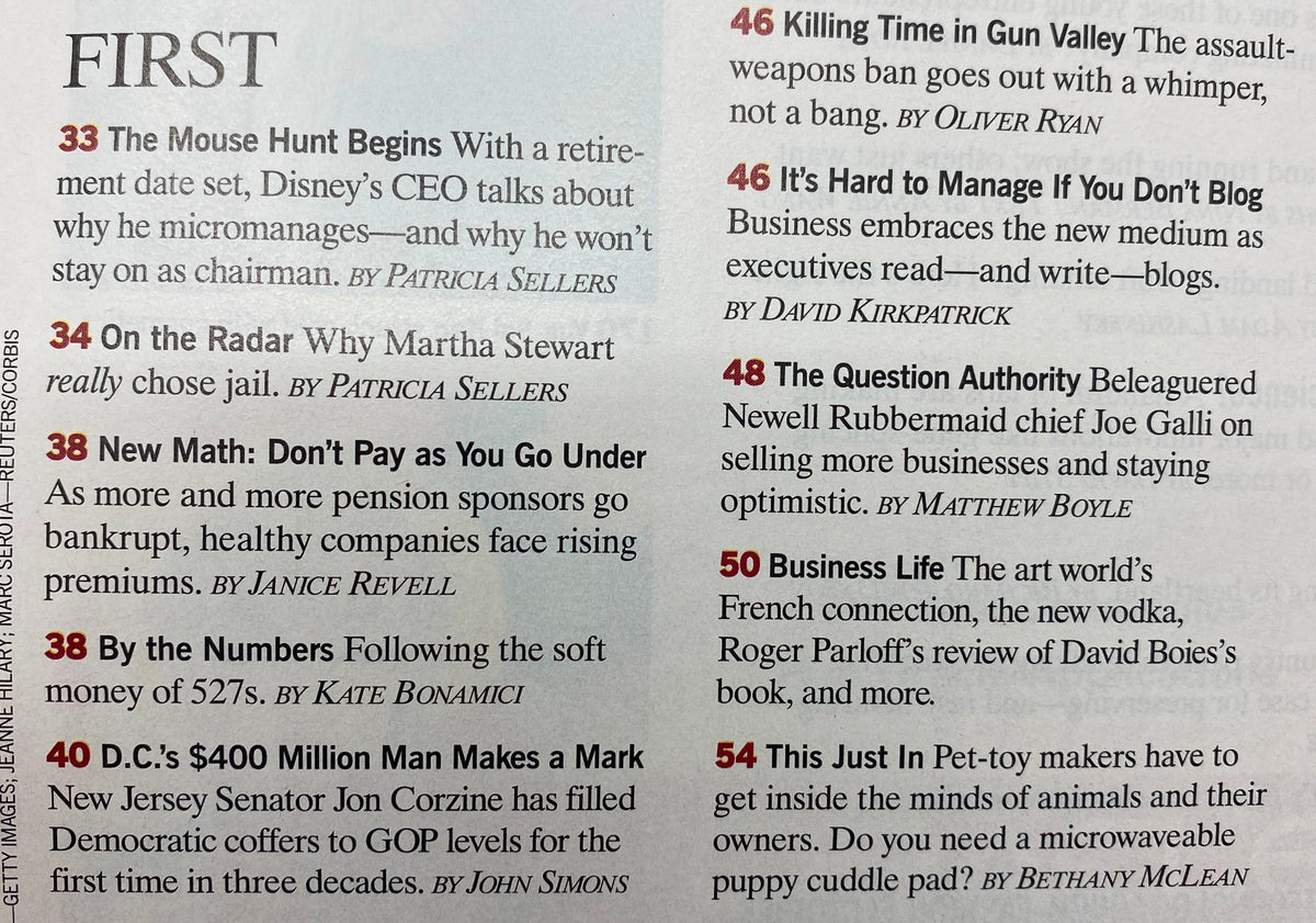 Page from Fortune Magazine October 4, 2004 showcasing articles including 'The Mouse Hunt Begins' and 'Why Martha Stewart Really goes to Jail,' emphasizing key topics relevant to business and culture of the time.