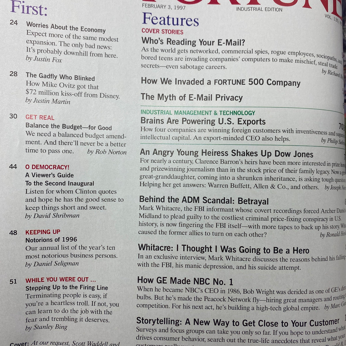 Table of contents from Fortune Magazine February 3, 1997 highlighting feature articles including 'Who's Reading Your E-Mail?' and other business topics.