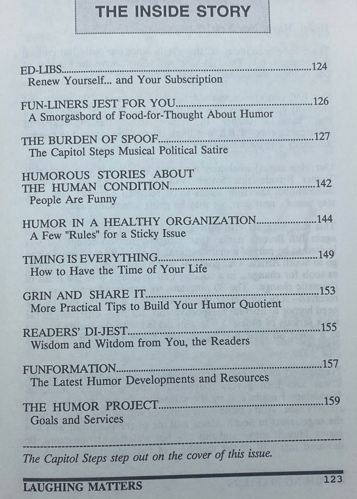 Inside page of Laughing Matters Volume 8 Number 4, displaying the table of contents including titles like 'Humorous Stories About the Human Condition'.