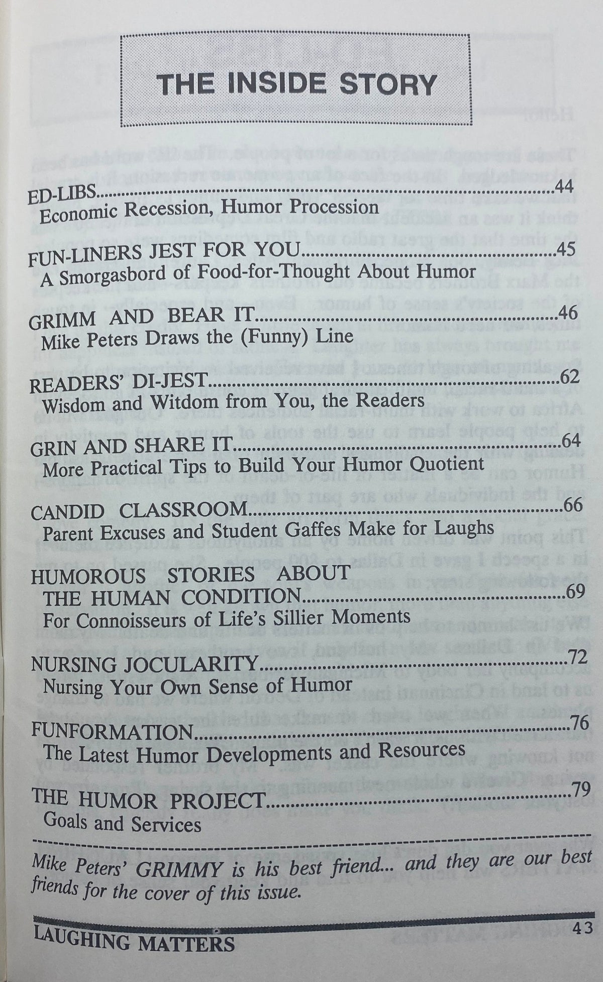Table of contents from Laughing Matters Volume 8 Number 2 showcasing sections like ED-LIBS, HUMOROUS STORIES ABOUT THE HUMAN CONDITION, and more, reflecting on humor and insight.