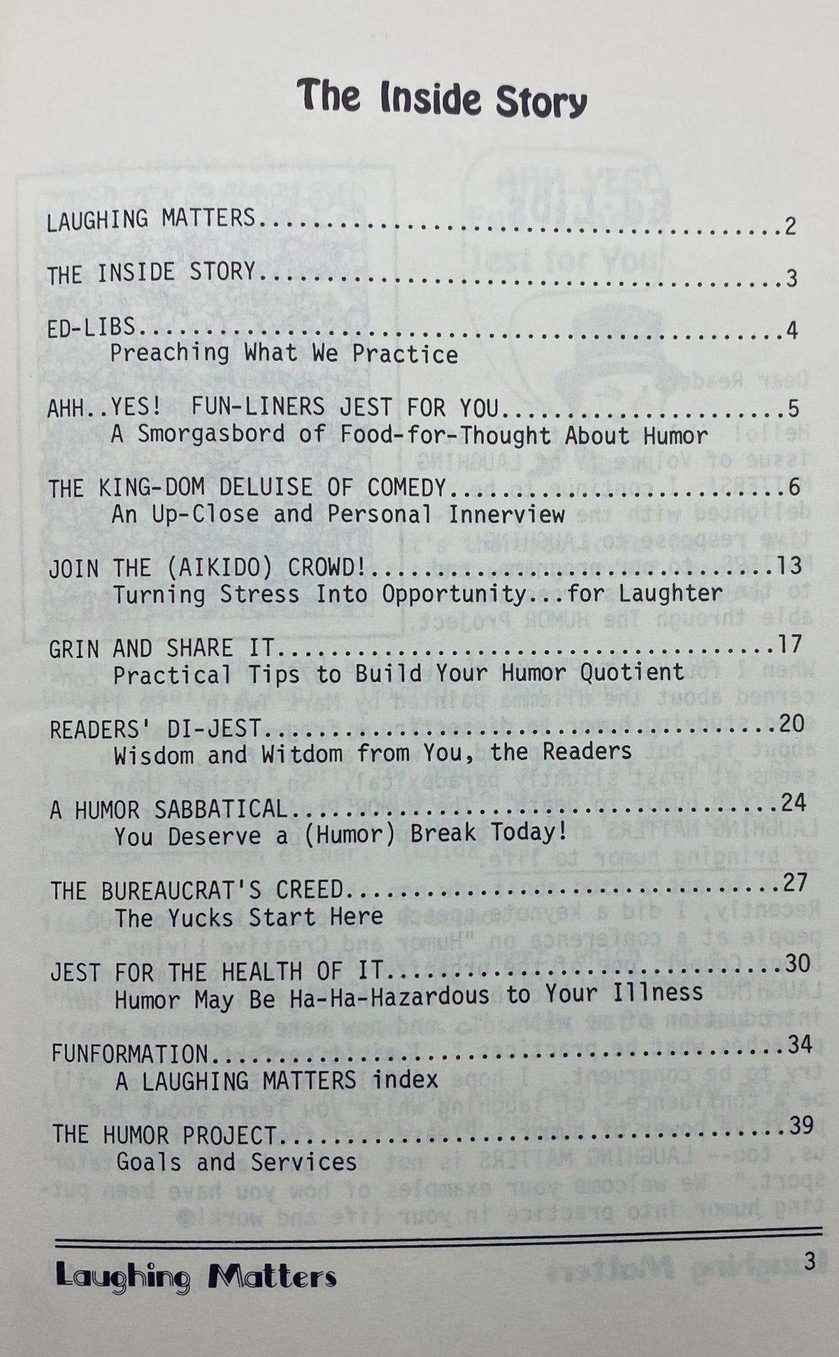 Table of contents for Laughing Matters Volume 4 Number 1, detailing engaging articles on humor, comedy, and personal anecdotes, showcasing the magazine's offerings.