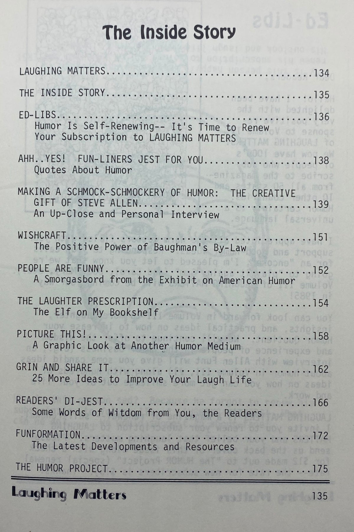 Table of contents from Laughing Matters Volume 2 Number 4 listing articles on humor, including interviews and features on laughter.