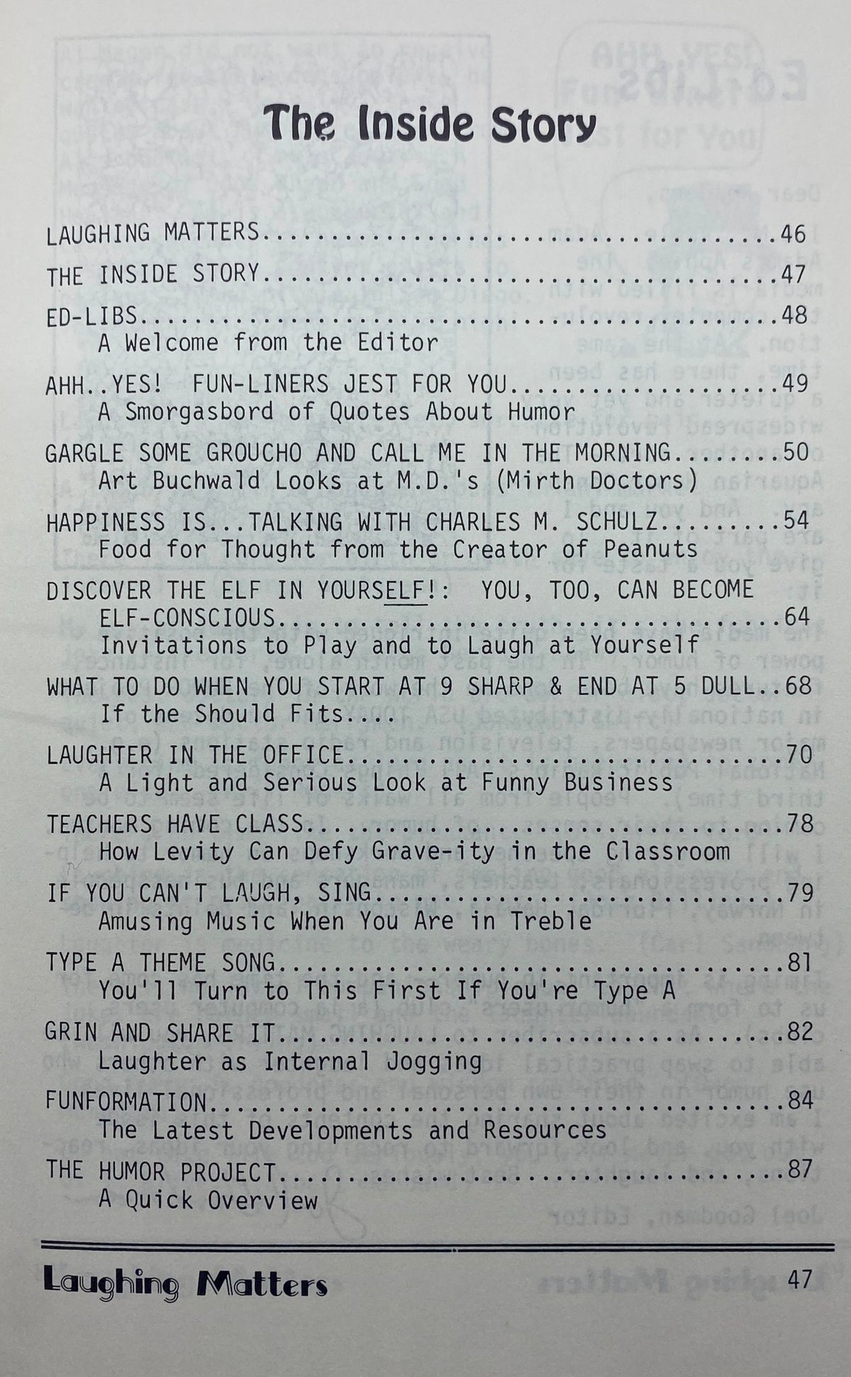 Table of contents from Laughing Matters Volume 2 Number 2 featuring articles such as 'The Inside Story' and humor sections like 'Fun-Liners Jests for You' and 'Teachers Have Class.' This vintage magazine issue showcases humor and laughter, highlighting its significance.