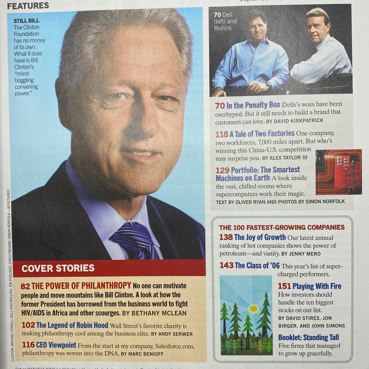 Inside page of the September 18, 2006 Fortune Magazine showcasing Bill Clinton, with features that include 'The Power of Philanthropy' article by Bethany McLean and additional cover stories.