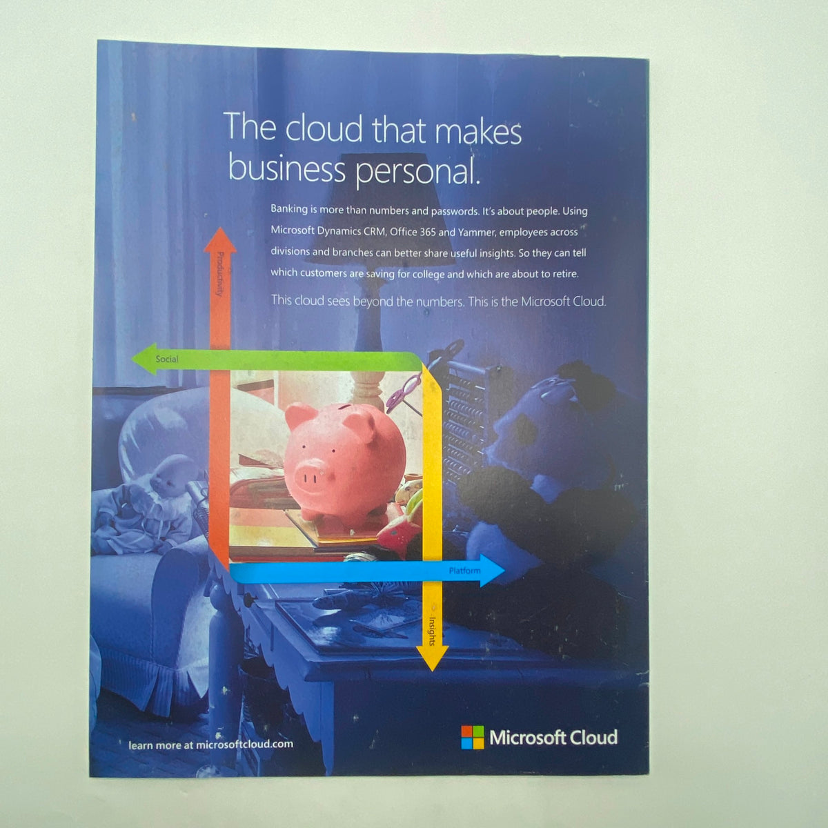 Advertisement for Microsoft Cloud featured in Fortune Magazine June 30, 2014, emphasizing personal banking and customer insights.