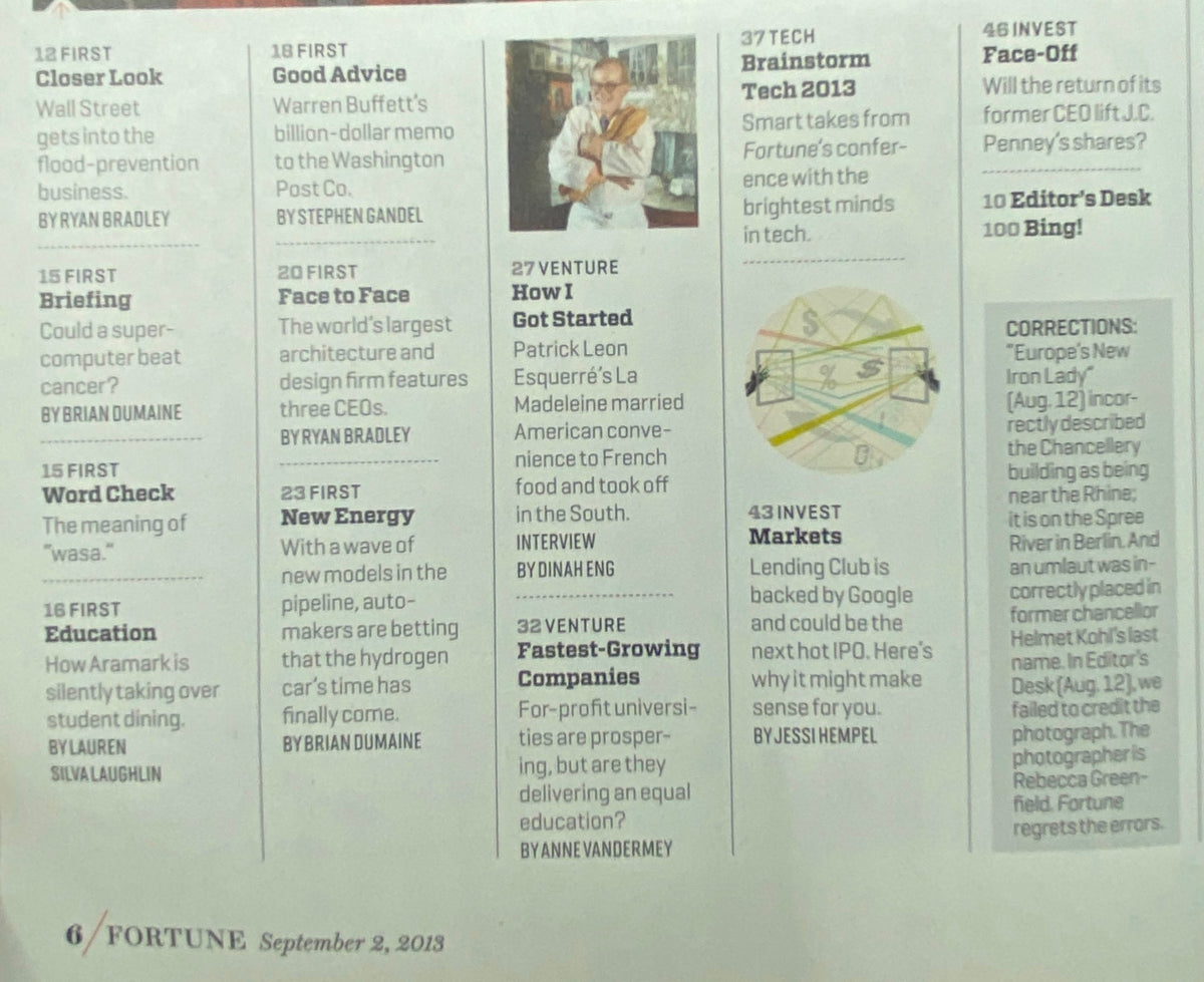 Contents page of Fortune Magazine, September 2, 2013, highlighting features such as 'Good Advice', 'Face to Face', and 'Invest' sections related to business and finance.
