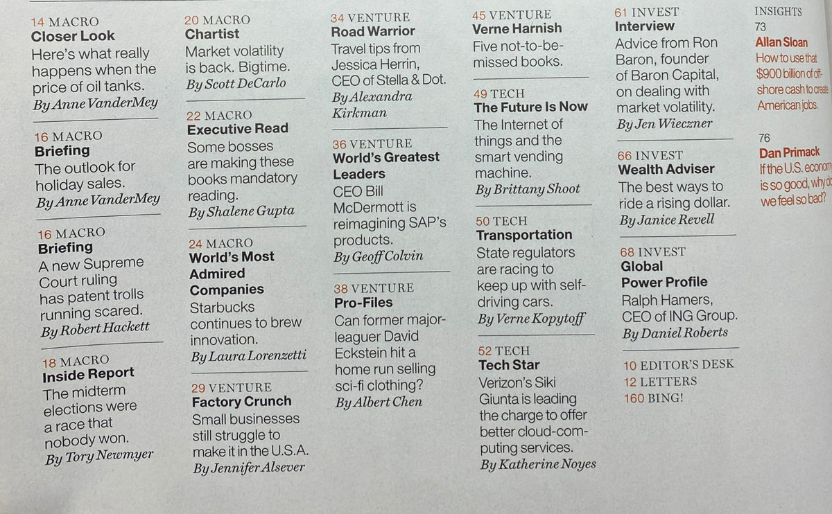 Contents page of Fortune Magazine November 17, 2014, listing articles such as 'Executive Read' and 'The Future is Now', featuring insights into leadership and business trends.