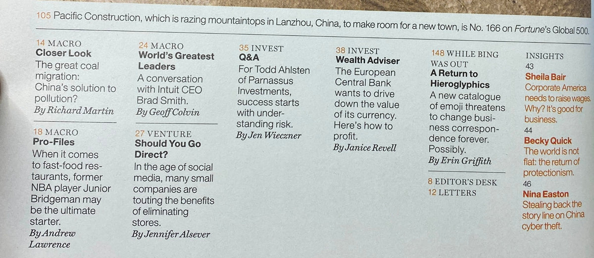 Page from Fortune Magazine July 21, 2014 featuring an article titled 'Should You Go Direct?' discussing social media marketing strategies with insights from industry experts.