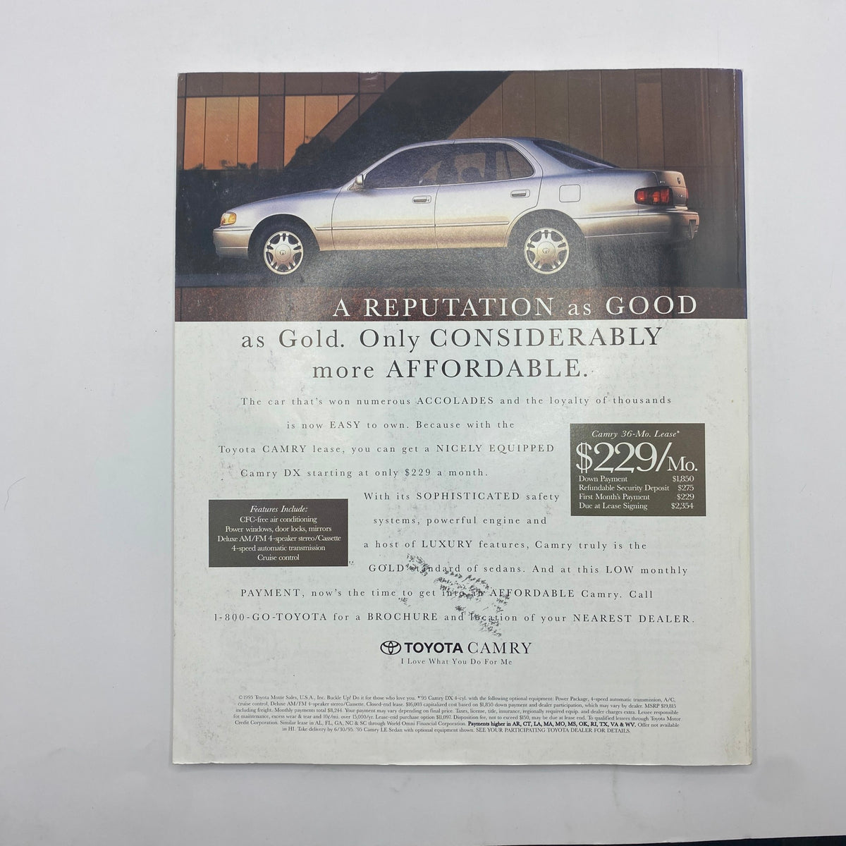 Back cover advertisement of the Toyota Camry in Fortune Magazine May 29, 1995, emphasizing its affordability and luxury features.