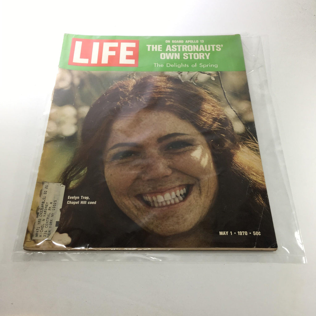 Life Magazine cover from May 1, 1970 featuring the title 'Apollo 13: The Astronauts' Own Story' and the article on Evelyn Trop, showcasing a smiling woman with red hair and a vintage aesthetic.