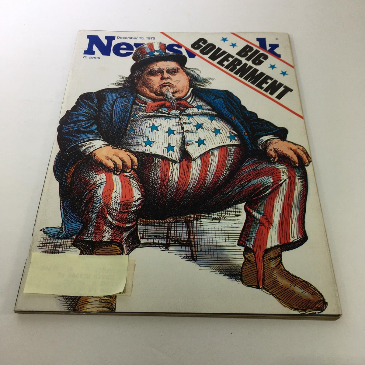 Vintage Newsweek Magazine cover from December 15, 1975, featuring a political cartoon depicting Uncle Sam with the caption 'Big Government.' This collectible magazine highlights key political themes of the 1970s.