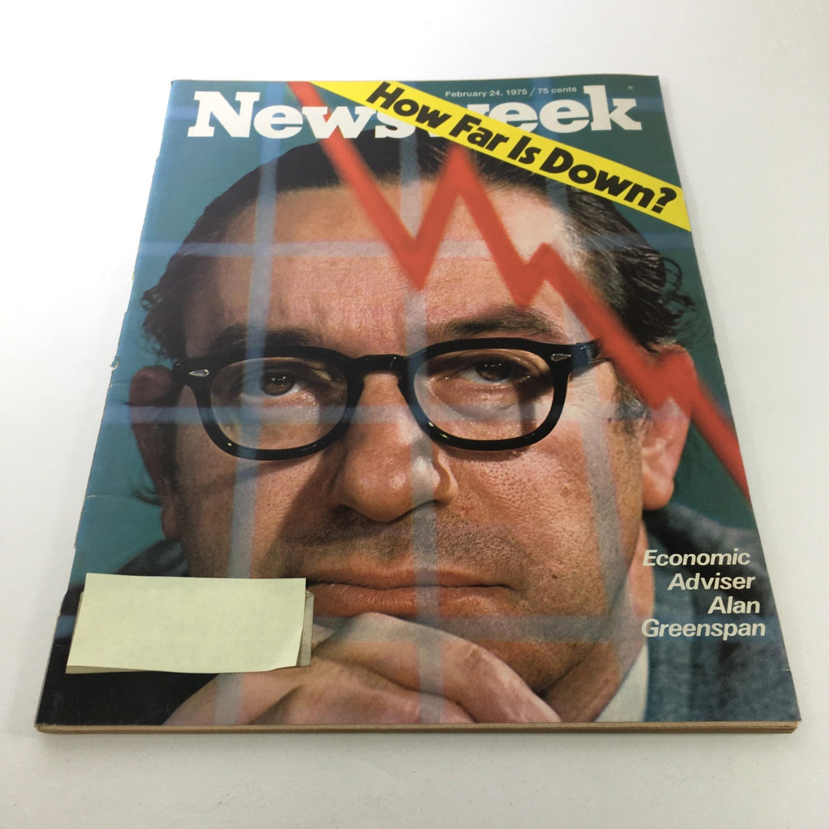 Cover of the February 24, 1975 issue of Newsweek Magazine featuring Economic Adviser Alan Greenspan, with the headline 'How Far Is Down?' and a striking graphic highlighting economic trends.