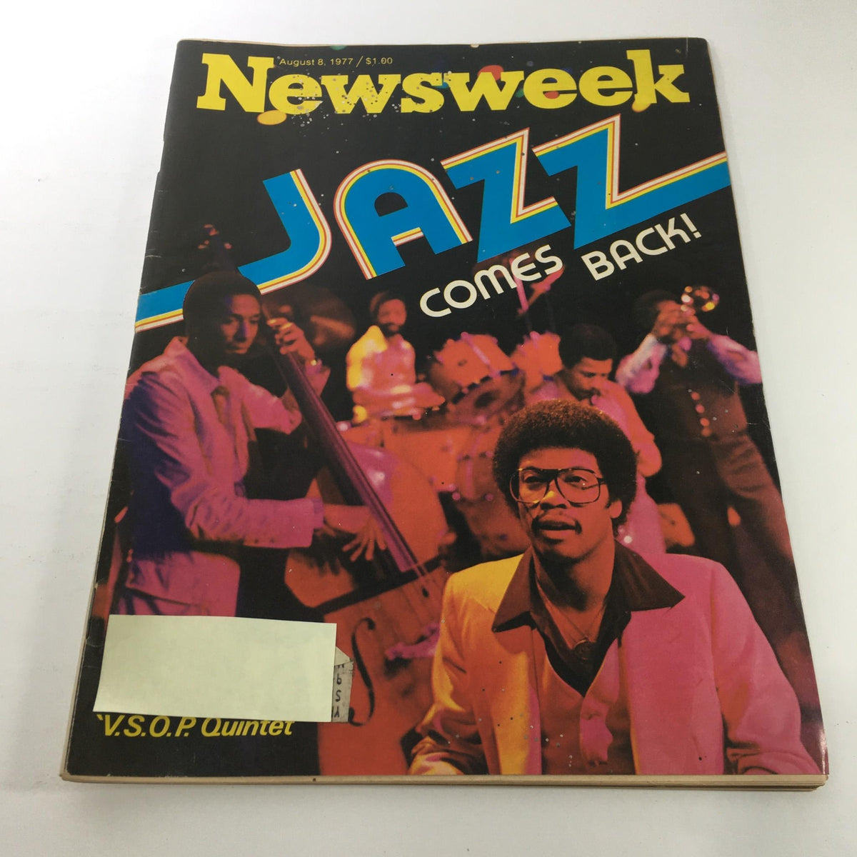 Cover of vintage Newsweek magazine from August 8, 1977, featuring the headline 'Jazz Comes Back!' with vibrant colors and an image of the V.S.O.P. Quintet. The magazine highlights the jazz revival of the late 1970s.