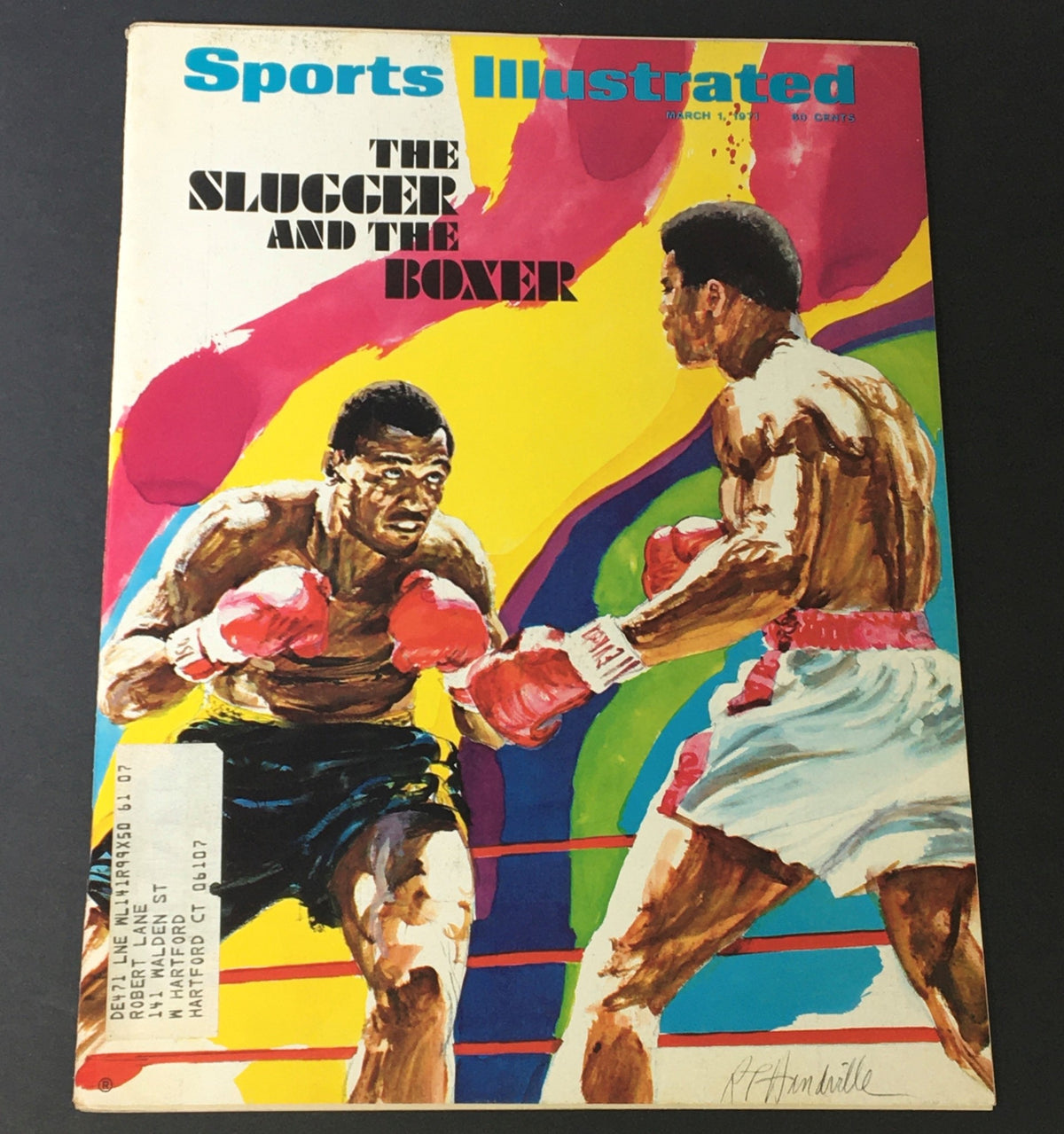 Sports Illustrated magazine cover dated March 1, 1971, featuring the title 'The Slugger and The Boxer', showcasing a vibrant illustration of two boxers in action, reflecting the dynamic sports culture of the early 1970s.