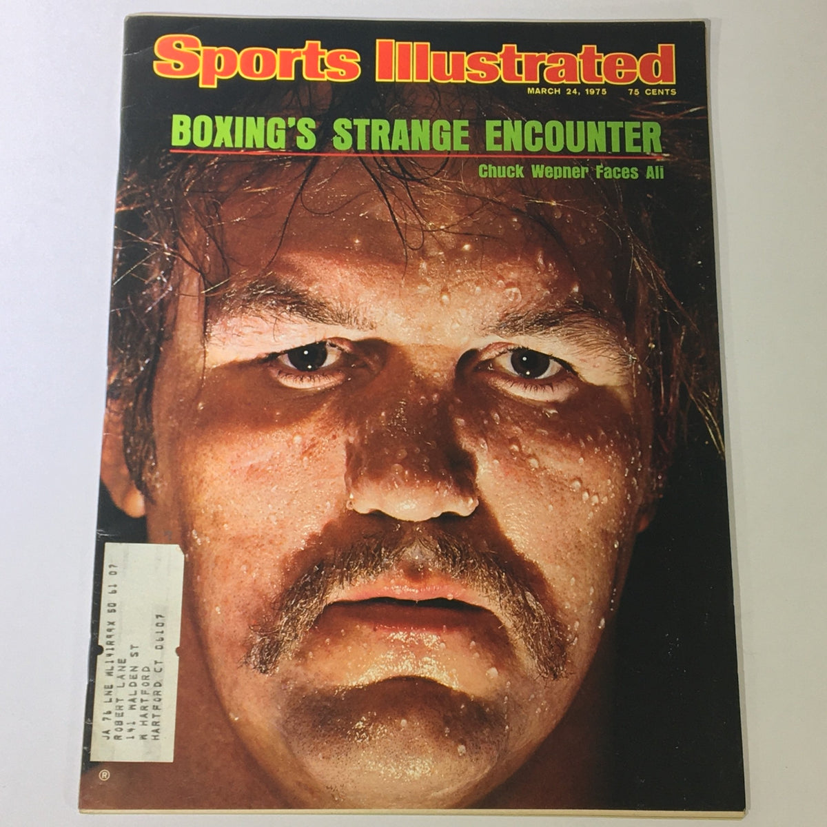 Vintage Sports Illustrated magazine cover from March 24, 1975, featuring professional boxer Chuck Wepner, known as the 'Bayonne Bleeder', highlighting his match against Ali.