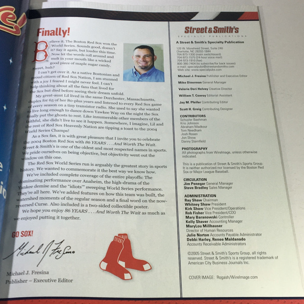 Inside page of Street & Smith's Presents 2004 World Champion Boston Red Sox magazine featuring an editorial message from the publisher, Michael J. Fresina.