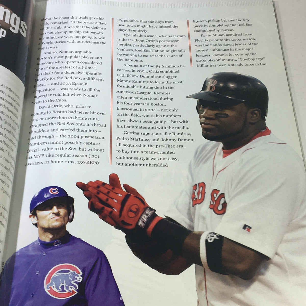 Article page from Street & Smith's Presents 2004 World Champion Boston Red Sox magazine highlighting prominent players like David Ortiz, discussing their contributions to the team's success.