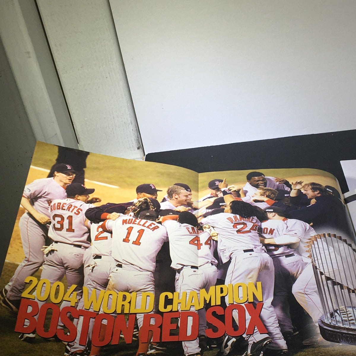 Celebratory group photo of the 2004 World Champion Boston Red Sox players holding their trophy.