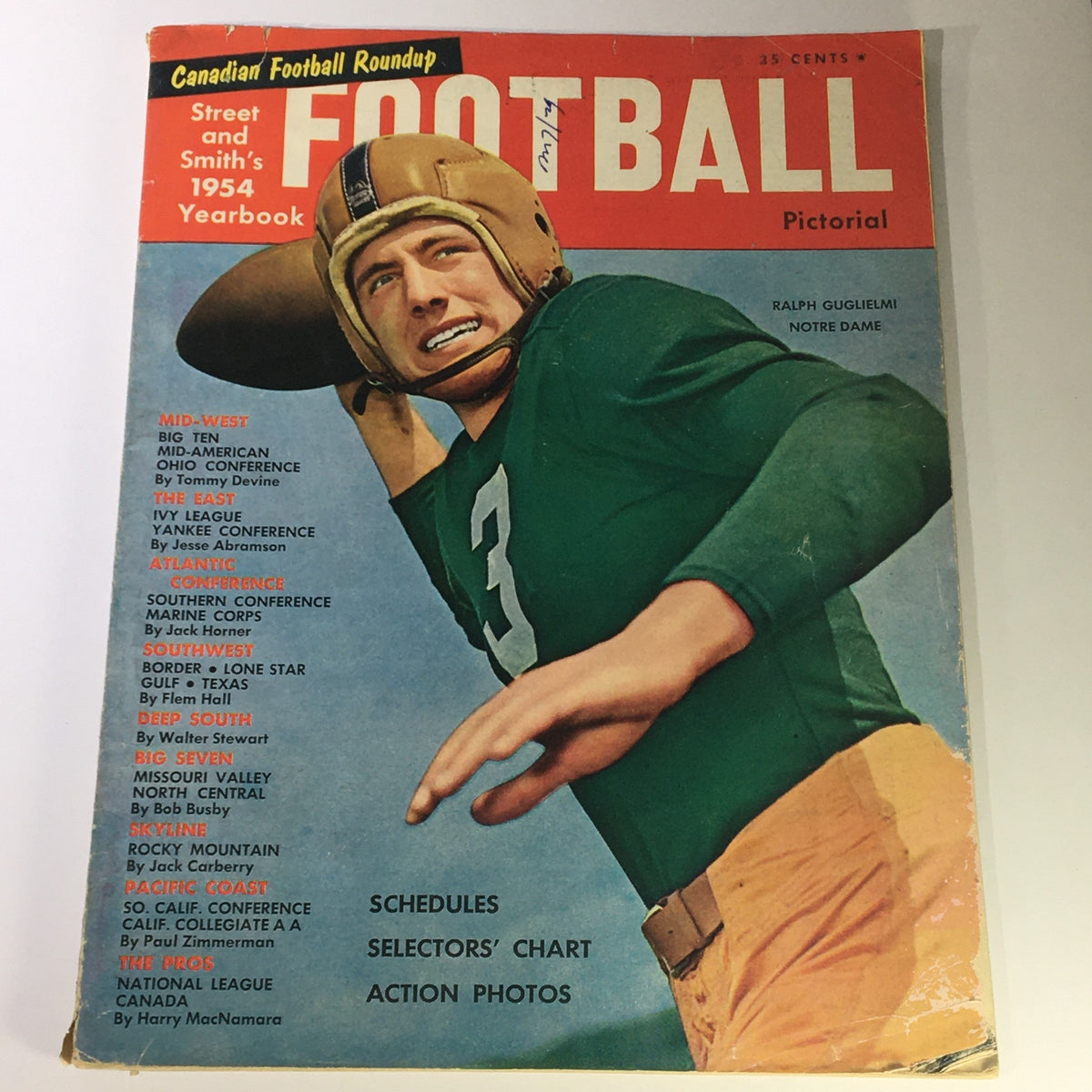 VTG Street & Smith's 1954 Football Yearbook featuring Ralph Guglielmi of Notre Dame. The cover shows Guglielmi in a green football jersey holding a football, showcasing classic mid-20th century sports magazine design.
