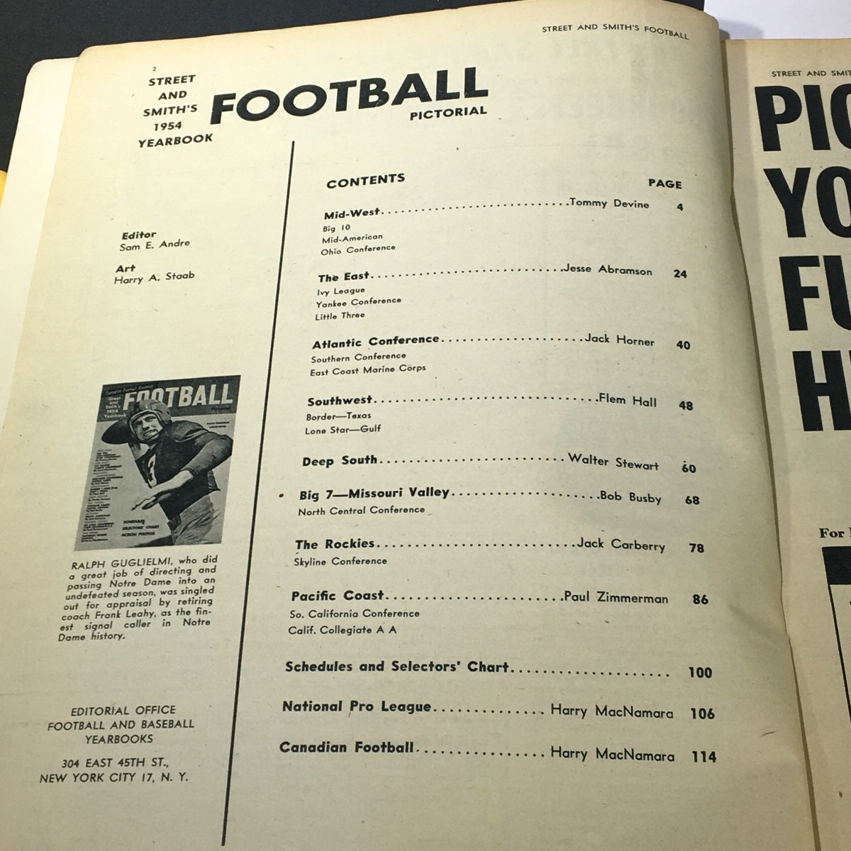 Interior page of VTG Street & Smith's 1954 Football Yearbook, featuring contents and notable segments, associated with Ralph Guglielmi of Notre Dame.