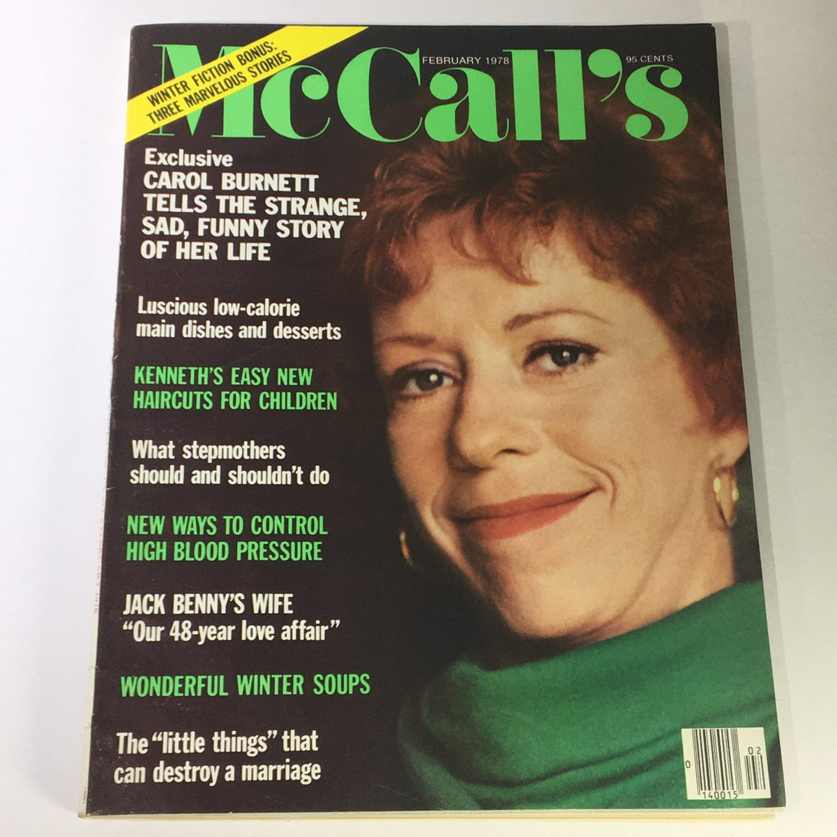 VTG McCall's Magazine February 1978 featuring Carol Burnett on the cover, highlighting articles on low-calorie dishes, haircuts for children, and controlling high blood pressure.