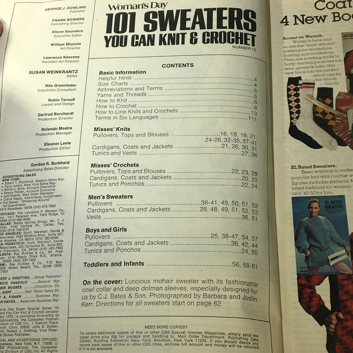 VTG Woman's Day 1972 Number 12 featuring contents page showcasing 101 sweaters knit and crochet patterns.