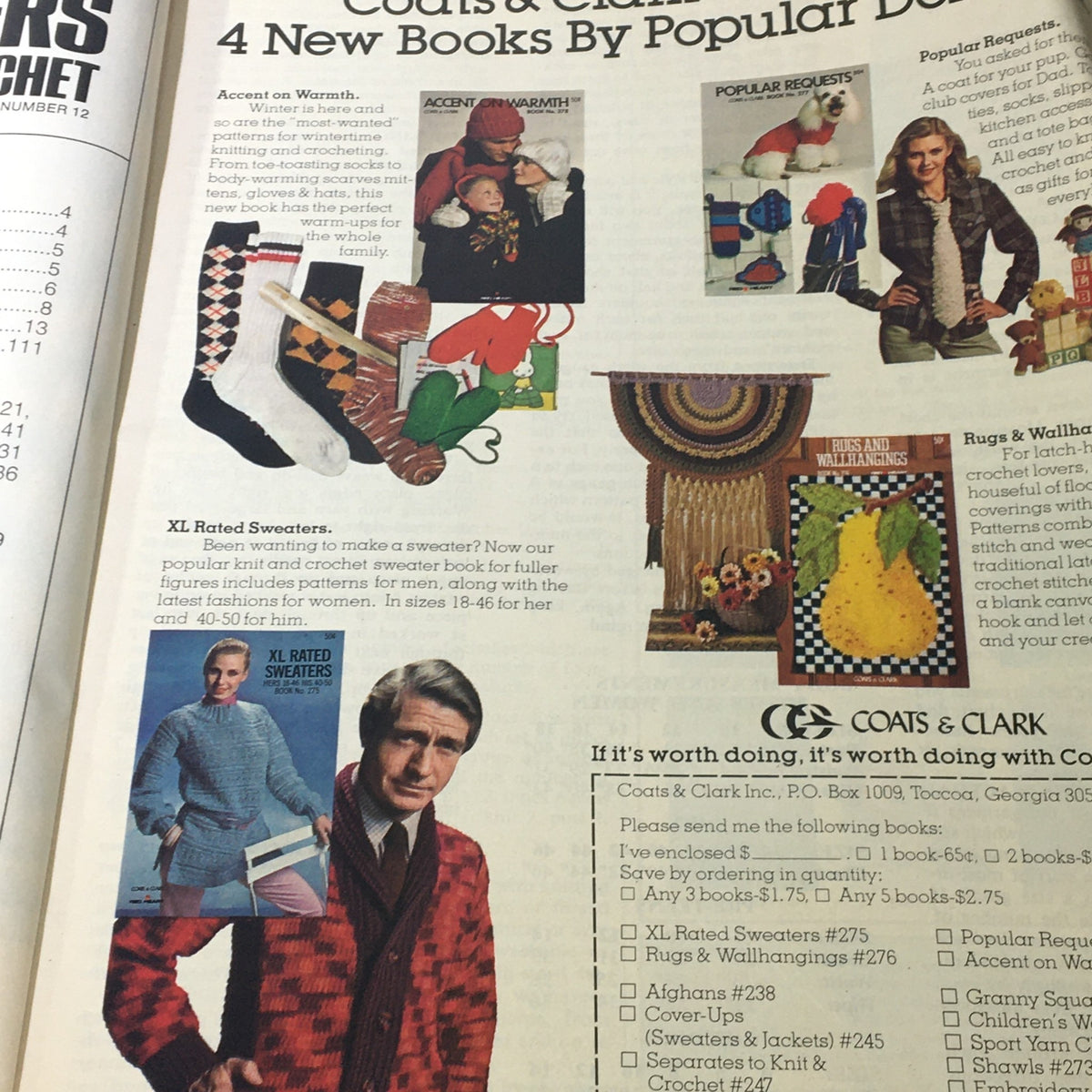 VTG Woman's Day 1972 Number 12 highlighting new books by Coats & Clark including XL Rated Sweaters and Accent on Warmth.