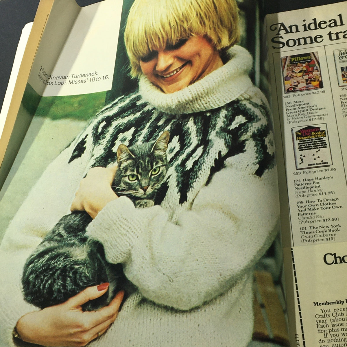 VTG Woman's Day 1972 Number 12 featuring a woman in a woven sweater holding a cat, illustrating knitwear styles.